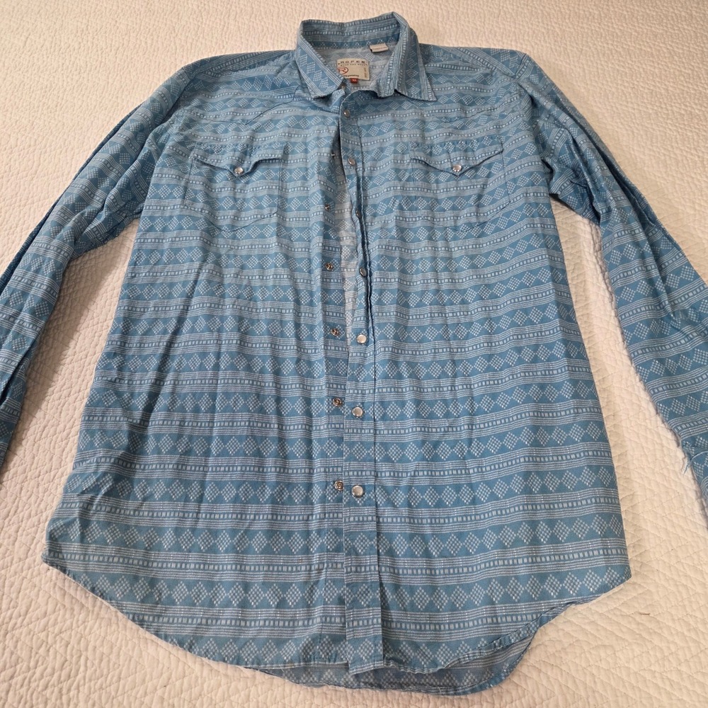 Roper Mens XL Blue Geometric Southwestern Pearl Snap Western Long Sleeve Shirt